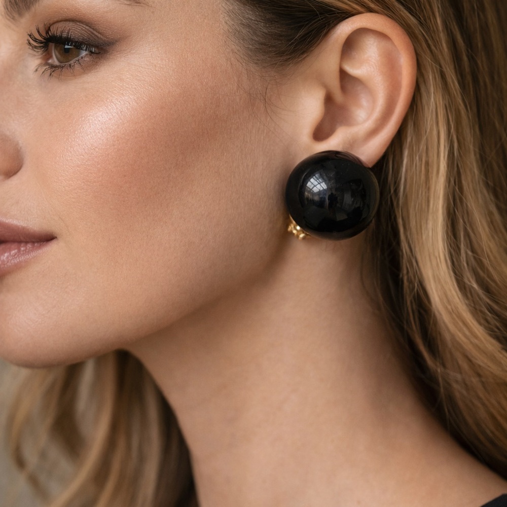 Vintage 80’s Black Clip-On Earrings Gold Tone Oversized Statement Round  Sphere‎